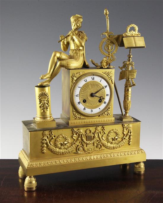 A 19th century French Empire style ormolu mantel clock, 14.5in.